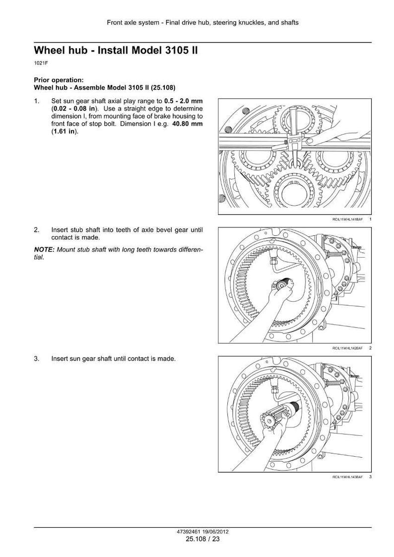 Op de afbeelding: Diagram van wielnaafinstallatie, Model 3105 II, met instructies. Bevat illustraties van tandwielassemblage, metingen in mm en tekst met details over het proces voor autoreparatie en -onderhoud.