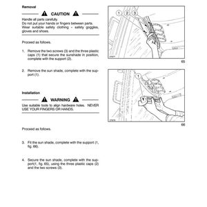 May include: A technical manual page titled SECTION 90 - CAB - CHAPTER 1 OP. 88 120 10 SUN SHADE. It provides removal and installation instructions with numbered steps, caution and warning headers, and two line-art diagrams showing parts labelled 1, 2, and 3.