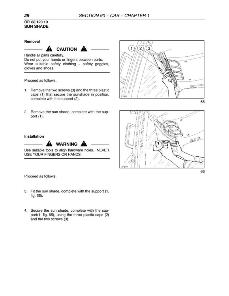May include: A technical manual page titled SECTION 90 - CAB - CHAPTER 1 OP. 88 120 10 SUN SHADE. It provides removal and installation instructions with numbered steps, caution and warning headers, and two line-art diagrams showing parts labelled 1, 2, and 3.