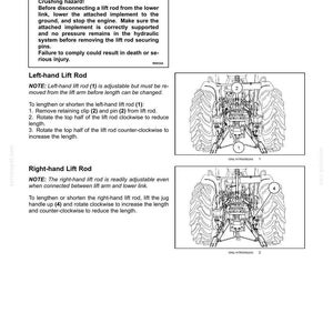Puede incluir: Una p&aacute;gina de manual t&eacute;cnico titulada 6-WORKING OPERATIONS que detalla instrucciones para barras de elevaci&oacute;n, brazos inferiores y tercer punto. Incluye una advertencia sobre riesgos de aplastamiento y diagramas de un tractor.