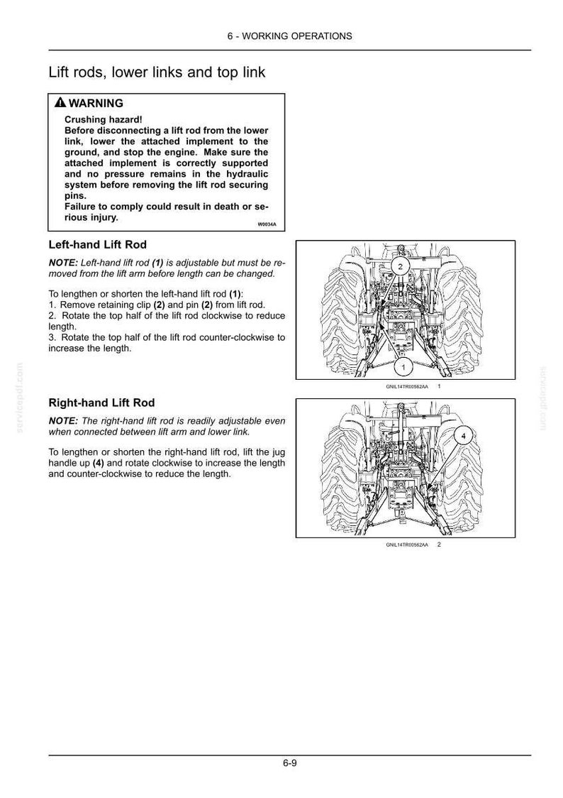 Puede incluir: Una p&aacute;gina de manual t&eacute;cnico titulada 6-WORKING OPERATIONS que detalla instrucciones para barras de elevaci&oacute;n, brazos inferiores y tercer punto. Incluye una advertencia sobre riesgos de aplastamiento y diagramas de un tractor.