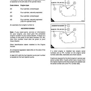 K&ouml;nnte beinhalten: Technisches Dokument zur Motoridentifizierung, detailliert Codebuchstaben f&uuml;r Motortypen, einschlie&szlig;lich Turbo und Saugmotoren. Diagramme zeigen Etikettenstandorte mit Serien- und TPL-Nummern. Enth&auml;lt Serviceinformationen.