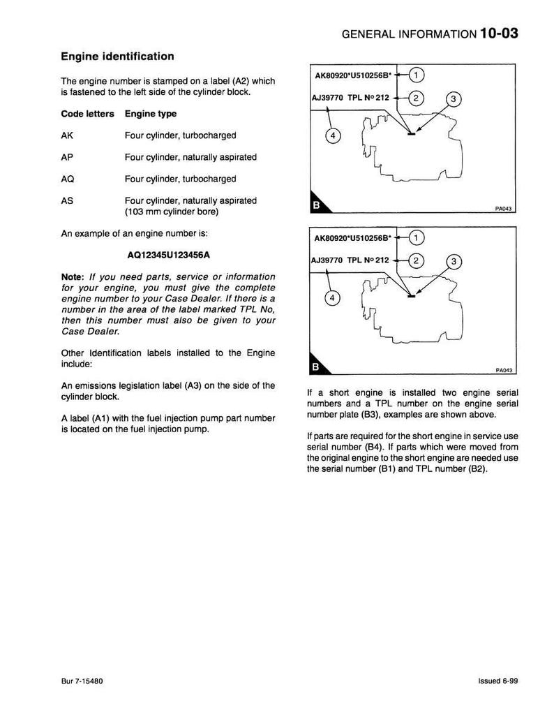 K&ouml;nnte beinhalten: Technisches Dokument zur Motoridentifizierung, detailliert Codebuchstaben f&uuml;r Motortypen, einschlie&szlig;lich Turbo und Saugmotoren. Diagramme zeigen Etikettenstandorte mit Serien- und TPL-Nummern. Enth&auml;lt Serviceinformationen.