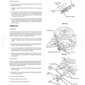 May include: A technical manual page titled BRAKE/CLUTCH PEDAL/PARKING BRAKE and BRAKE PAD, featuring diagrams labeled FIG. 5.3A, FIG. 5.3B, and FIG. 5.3C. The illustrations show mechanical components including a brake rod, spring, and brake disc assembly.