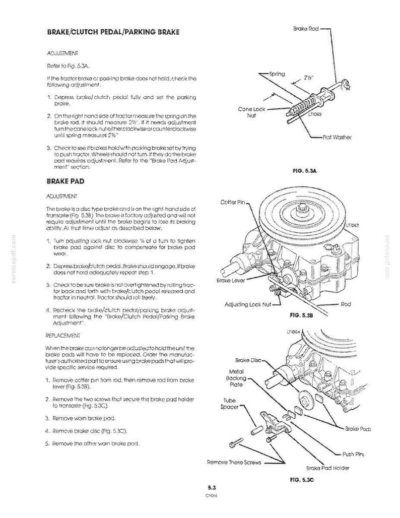 May include: A technical manual page titled BRAKE/CLUTCH PEDAL/PARKING BRAKE and BRAKE PAD, featuring diagrams labeled FIG. 5.3A, FIG. 5.3B, and FIG. 5.3C. The illustrations show mechanical components including a brake rod, spring, and brake disc assembly.