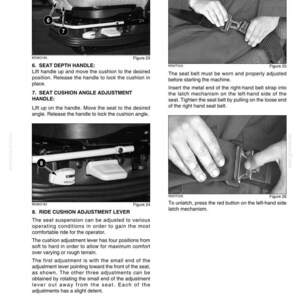 May include: Page from an equipment manual showing seat adjustment controls. Includes diagrams of a seat depth handle, seat cushion angle adjustment handle, and ride cushion adjustment lever. Also shows seat belt operation.
