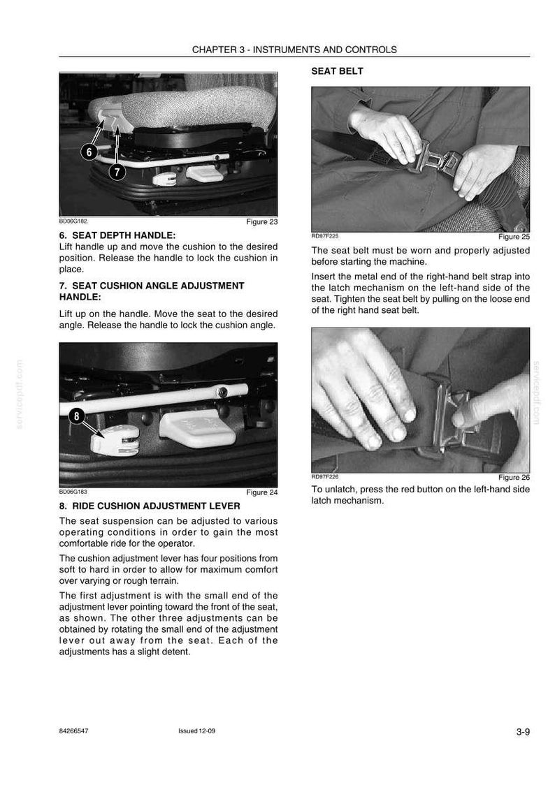 May include: Page from an equipment manual showing seat adjustment controls. Includes diagrams of a seat depth handle, seat cushion angle adjustment handle, and ride cushion adjustment lever. Also shows seat belt operation.