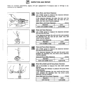 May include: A technical manual page titled 6-8 LUBRICATING SYSTEM INSPECTION AND REPAIR. It features four black and white line drawings showing mechanical measurement procedures with feeler gauges and micrometers, alongside tables listing clearance limits in millimetres.
