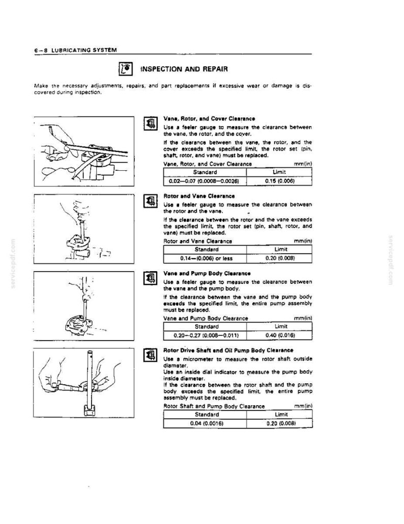 May include: A technical manual page titled 6-8 LUBRICATING SYSTEM INSPECTION AND REPAIR. It features four black and white line drawings showing mechanical measurement procedures with feeler gauges and micrometers, alongside tables listing clearance limits in millimetres.