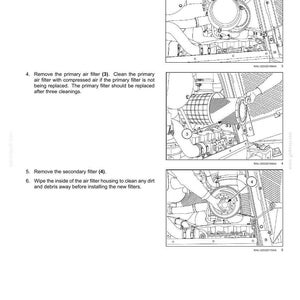 May include: Diagrams illustrating maintenance steps for an air filter system. The images show the removal of the air cleaner housing cover, primary air filter, and secondary filter. Text instructions accompany each step, detailing the process.
