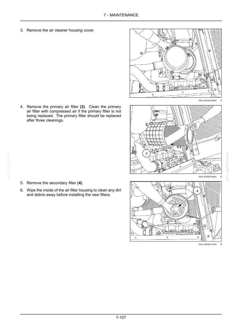 May include: Diagrams illustrating maintenance steps for an air filter system. The images show the removal of the air cleaner housing cover, primary air filter, and secondary filter. Text instructions accompany each step, detailing the process.