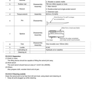 Pu&ograve; includere: Una pagina di documento tecnico intitolata 33. UPPER STRUCTURE, 33.2.6.2 DISASSEMBLY AND ASSEMBLY. Presenta una tabella che elenca strumenti come martello, tappetino in gomma, chiave inglese, chiave dinamometrica, perno, spatola, morsa, loctite, olio.