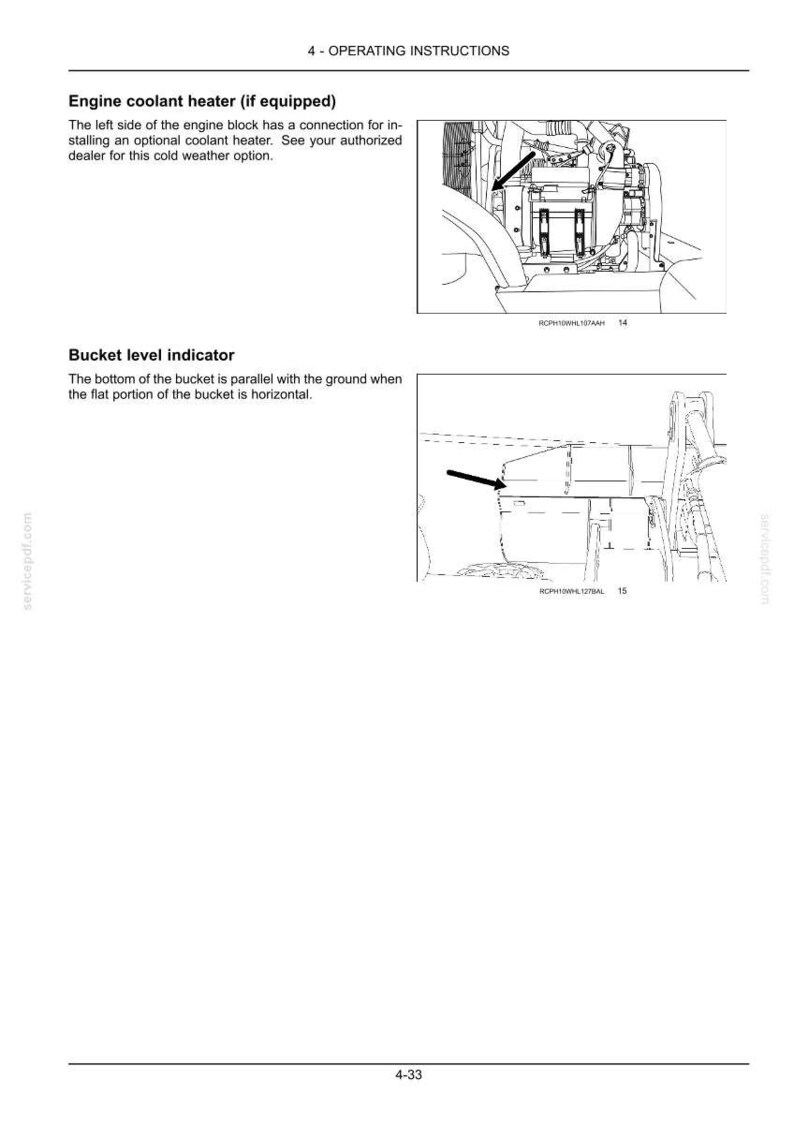 Op de afbeelding: Diagram van een koelvloeistofverwarmer en een bakniveau-indicator. Het diagram van de koelvloeistofverwarmer toont de linkerkant van het motorblok met een aansluiting. De bakniveau-indicator toont de bodem van de bak parallel aan de grond.