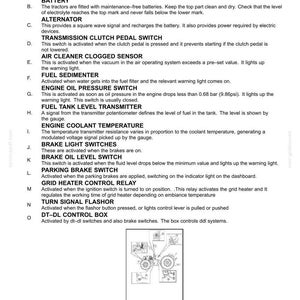 May include: Diagram of electrical system components, including a main fuse box, battery, alternator, and various switches. Text descriptions accompany each component, detailing their function within the system.