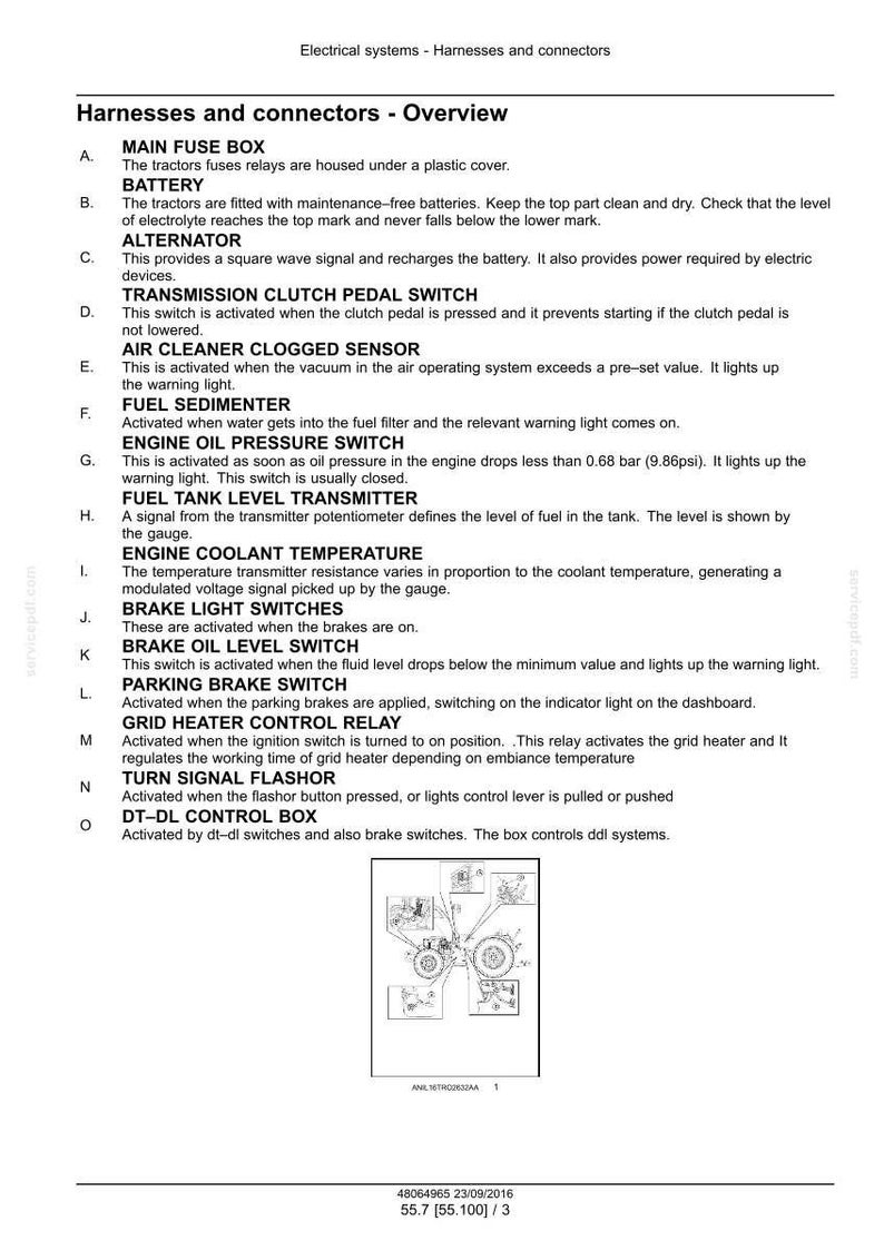 May include: Diagram of electrical system components, including a main fuse box, battery, alternator, and various switches. Text descriptions accompany each component, detailing their function within the system.