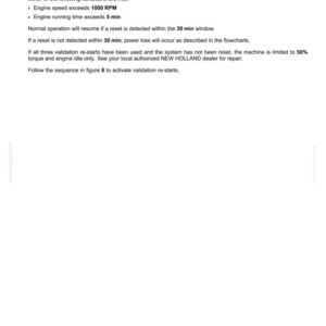 Pu&ograve; includere: Una pagina di documento tecnico intitolata 3 - CONTROLS AND INSTRUMENTS, che descrive i riavvii di convalida. Spiega come far funzionare una macchina per 30 min dopo un guasto DEF/AdBlue o SCR, con condizioni di 1000 giri/min e 5 min di motore.