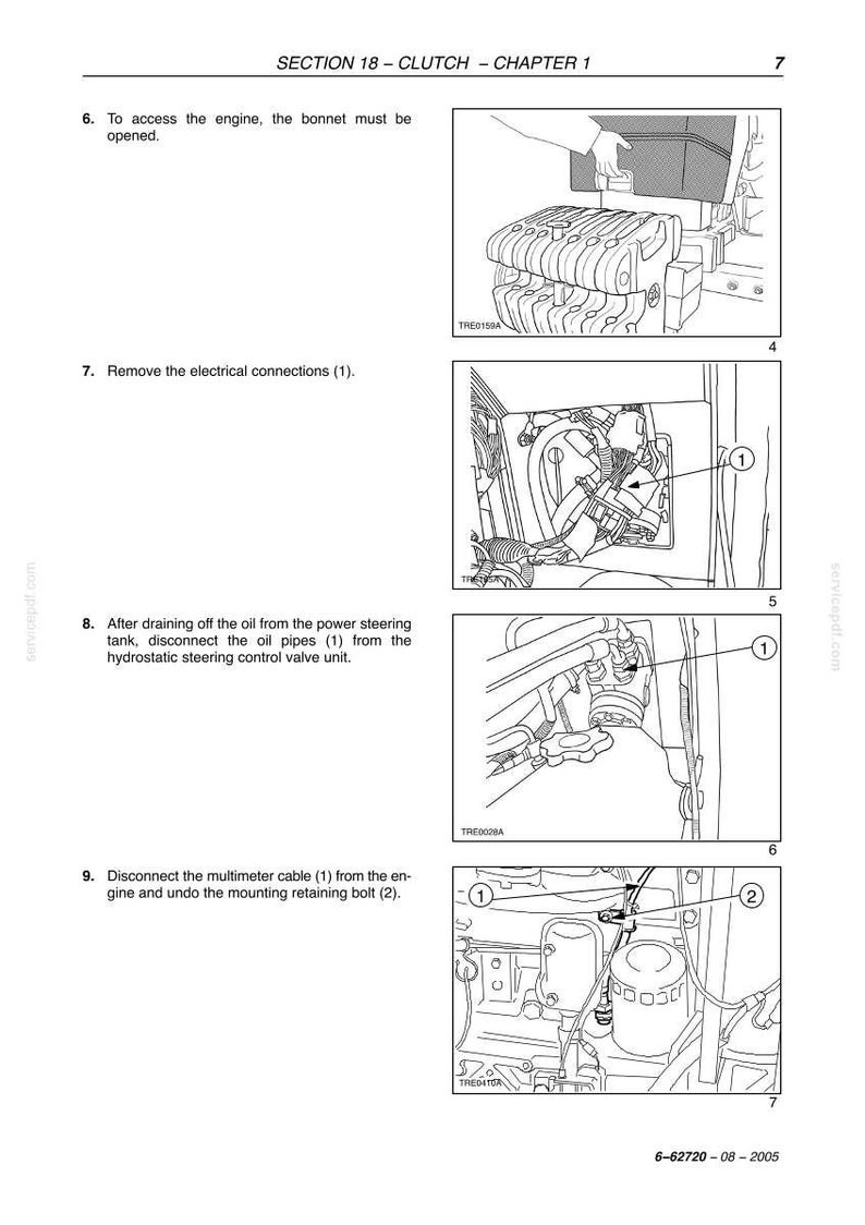K&ouml;nnte beinhalten: Technische Diagramme aus einem Handbuch, die Motorverfahren zeigen. Die Bilder zeigen Nahaufnahmen von Motorkomponenten mit Beschriftungen und Pfeilen, die auf bestimmte Teile zeigen. Der Text oben lautet "SECTION 18 - CLUTCH - CHAPTER 1".