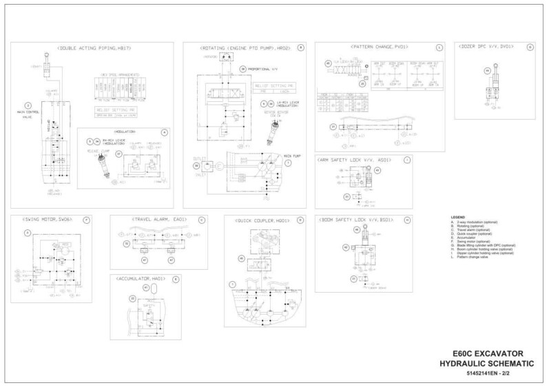 Pu&ograve; includere: Uno schema tecnico dettagliato del sistema idraulico di un escavatore E60C, con pi&ugrave; diagrammi ed etichette. I diagrammi sono in bianco e nero, che illustrano vari componenti e le loro connessioni. Il testo include "Double Acting Piping HBT" e "Travel Alarm, EAGL".