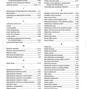 May include: Alphabetical index from a manual, listing terms and page numbers. Includes sections on machine operation, safety, and maintenance. Features terms like "hydraulic system," "safety valves," and "operating instructions."