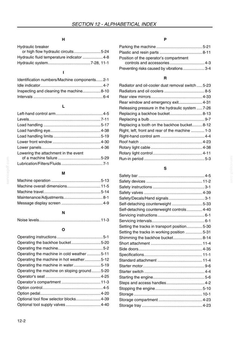 May include: Alphabetical index from a manual, listing terms and page numbers. Includes sections on machine operation, safety, and maintenance. Features terms like "hydraulic system," "safety valves," and "operating instructions."