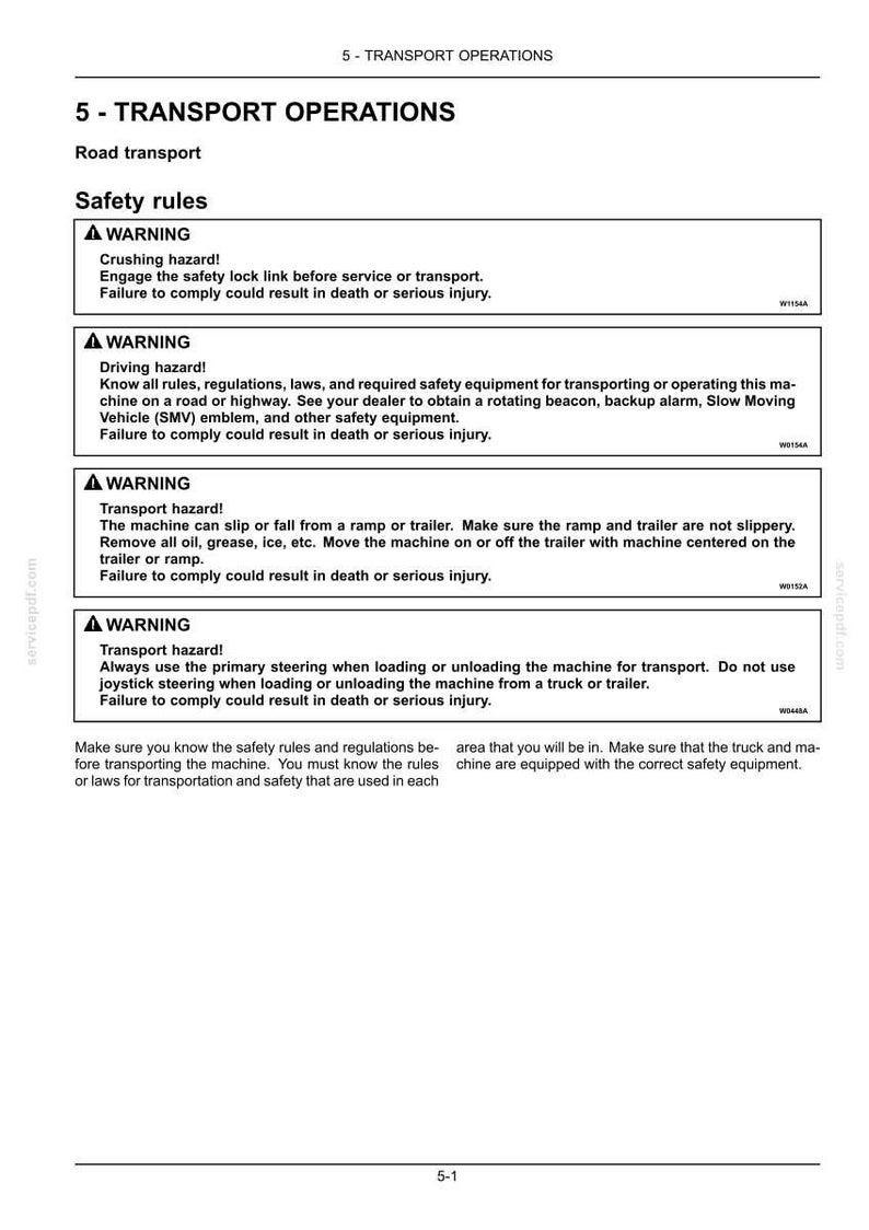 May include: A page from a manual titled "5 - TRANSPORT OPERATIONS" with safety warnings. The text includes warnings about crushing, driving, and transport hazards, with instructions and safety guidelines for road transport.