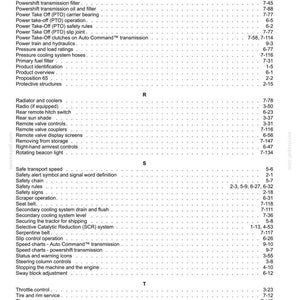 Pu&ograve; includere: Una pagina di indice in bianco e nero tratta da un manuale tecnico, che elenca argomenti da Position control operation a Trailer brake connections, organizzati in ordine alfabetico sotto le lettere R, S e T con i numeri di pagina a destra.