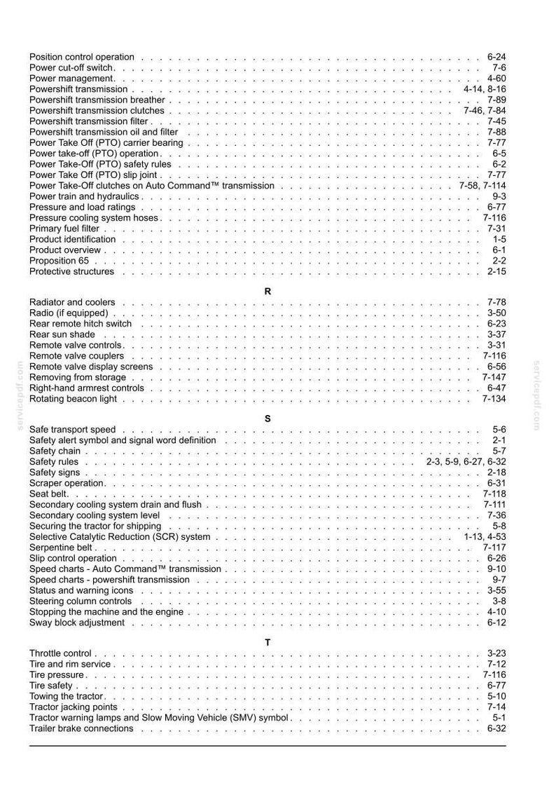 Pu&ograve; includere: Una pagina di indice in bianco e nero tratta da un manuale tecnico, che elenca argomenti da Position control operation a Trailer brake connections, organizzati in ordine alfabetico sotto le lettere R, S e T con i numeri di pagina a destra.