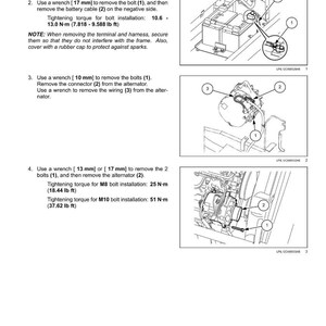 May include: Diagram illustrating the alternator removal process. Instructions include using wrenches to remove bolts and wiring. Tightening torque specifications are provided in Newton-meters and pound-feet.