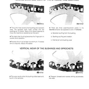 May include: Technical diagram illustrating reverse drive side wear of sprockets and bushings. The image includes detailed diagrams with arrows pointing to wear points and text explaining the wear patterns and causes.
