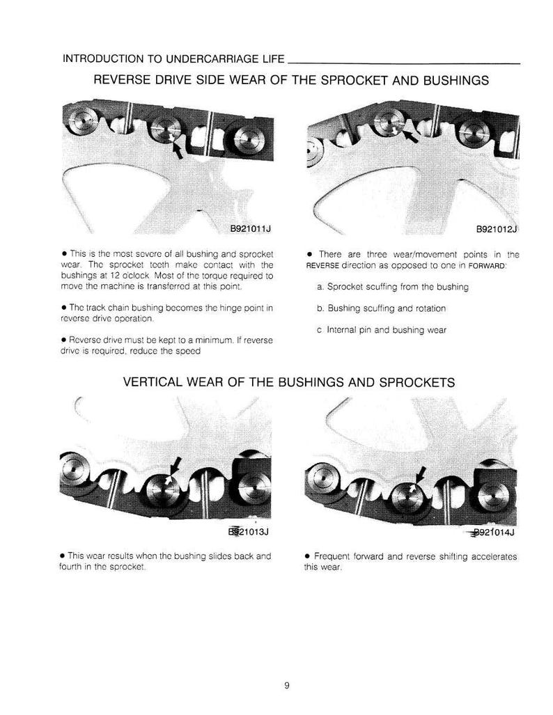 May include: Technical diagram illustrating reverse drive side wear of sprockets and bushings. The image includes detailed diagrams with arrows pointing to wear points and text explaining the wear patterns and causes.