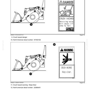 May include: Diagram of heavy machinery with safety warnings. The image includes a detailed illustration of the machine's components, accompanied by text labels and safety decals. The decals warn of crush hazards and potential dangers during servicing.