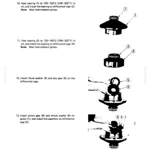 May include: A technical manual page titled DIFFERENTIAL ASSEMBLY, DISASSEMBLY AND ASSEMBLY. It features black and white diagrams of mechanical parts labeled 1 through 9, with instructions for heating bearings to 120-150&deg;C (248-302&deg;F) and installing gears.