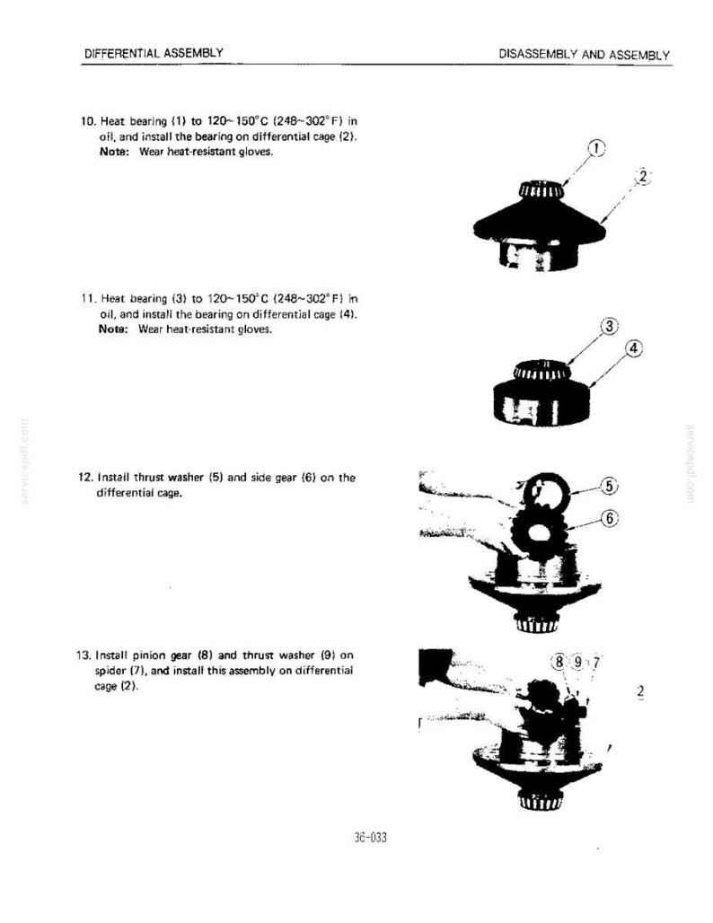 May include: A technical manual page titled DIFFERENTIAL ASSEMBLY, DISASSEMBLY AND ASSEMBLY. It features black and white diagrams of mechanical parts labeled 1 through 9, with instructions for heating bearings to 120-150&deg;C (248-302&deg;F) and installing gears.