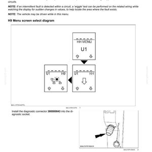 May include: Diagram of an electronic module universal controller, H9 voltmeter diagnostic. The diagram includes menu selections, a diagnostic connector, and instructions to turn the ignition key switch on. The text includes the note that the vehicle may be driven while in this menu.