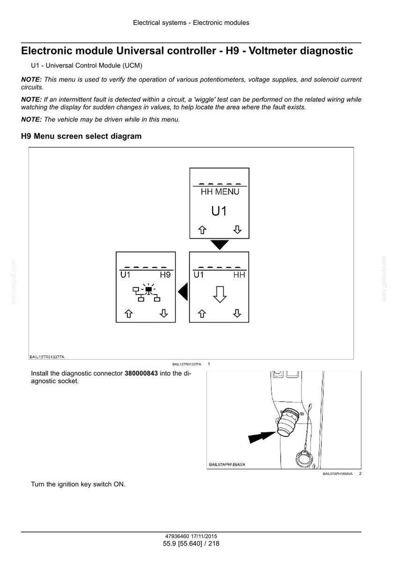 May include: Diagram of an electronic module universal controller, H9 voltmeter diagnostic. The diagram includes menu selections, a diagnostic connector, and instructions to turn the ignition key switch on. The text includes the note that the vehicle may be driven while in this menu.