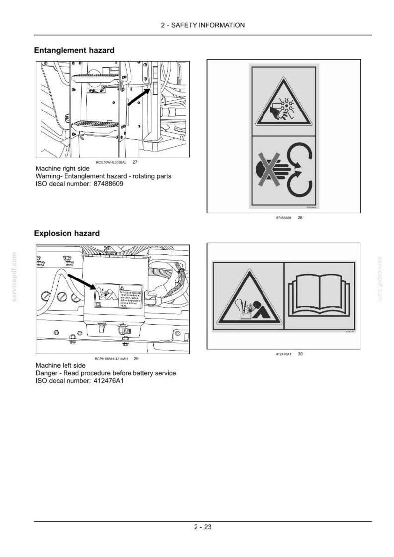 May include: Page from a manual with safety information. Includes diagrams and warnings for entanglement and explosion hazards. Text includes "Entanglement hazard", "Explosion hazard", and "Danger - Read procedure before battery service".