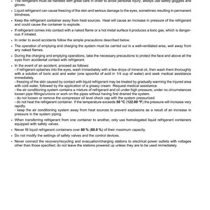 May include: A page from a manual titled "Personal safety CAB AIR CONDITIONING SYSTEM." The text details safety regulations for handling refrigerant, including eye protection, avoiding heat sources, and first aid procedures. The document includes a date.
