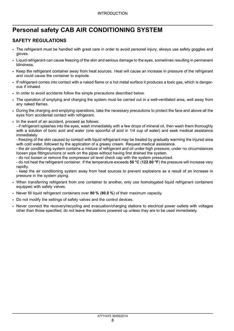 May include: A page from a manual titled "Personal safety CAB AIR CONDITIONING SYSTEM." The text details safety regulations for handling refrigerant, including eye protection, avoiding heat sources, and first aid procedures. The document includes a date.