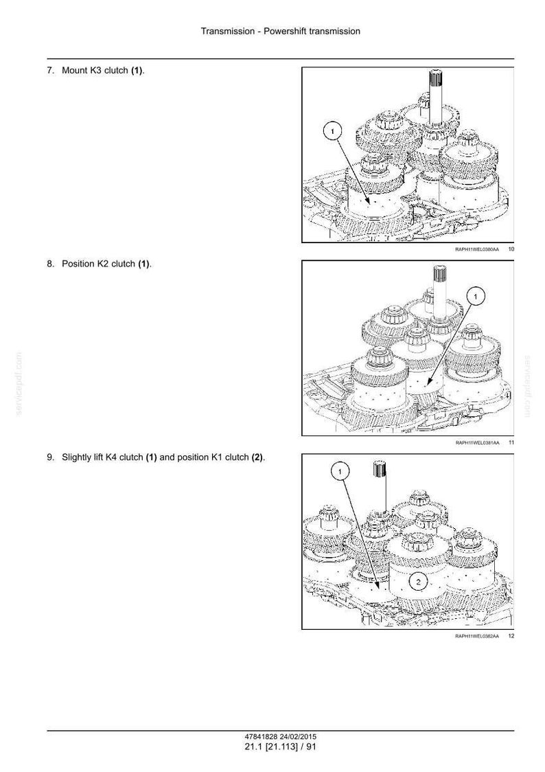 May include: Diagram of a powershift transmission assembly, showing the mounting and positioning of K3, K2, K4, and K1 clutches. The image includes numbered labels and arrows pointing to the components.