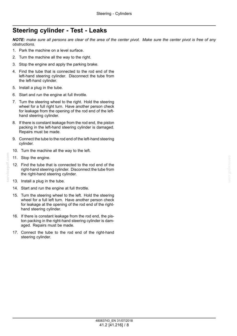 K&ouml;nnte beinhalten: Ein Dokument mit dem Titel "Lenkzylinder - Test - Lecks" mit nummerierten Anweisungen zum Testen eines Lenkzylinders. Der Text ist in schwarzer Schrift auf wei&szlig;em Hintergrund. Das Dokument enth&auml;lt Sicherheitshinweise.