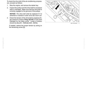 May include: Diagram of a car's air conditioning compressor belt check. The image shows the belt, pulleys, and tensioning screw. Instructions include checking tension with 22.0 lb of pressure, and loose tension should be 0.3-0.5 in.