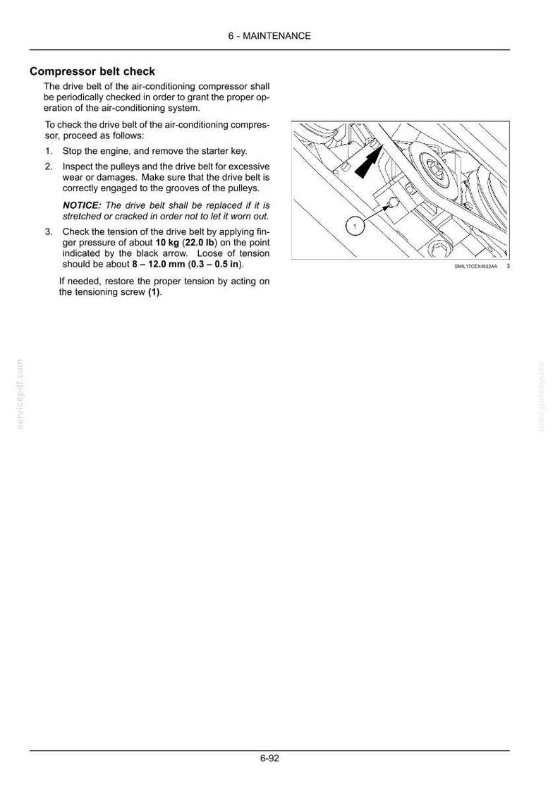 May include: Diagram of a car's air conditioning compressor belt check. The image shows the belt, pulleys, and tensioning screw. Instructions include checking tension with 22.0 lb of pressure, and loose tension should be 0.3-0.5 in.
