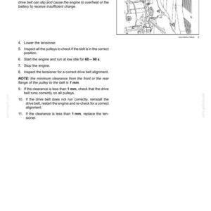 May include: Page from a maintenance manual with instructions for engine belt replacement. The text includes steps for installing a new belt, checking alignment, and troubleshooting. A diagram of engine components is also included.