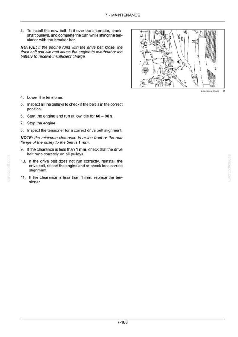 May include: Page from a maintenance manual with instructions for engine belt replacement. The text includes steps for installing a new belt, checking alignment, and troubleshooting. A diagram of engine components is also included.