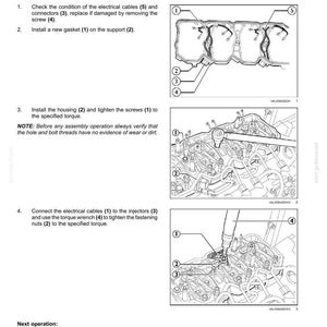 May include: Diagrams illustrating the rocker assembly housing installation process. The image shows steps for checking electrical cables, installing a gasket, tightening screws, and connecting cables to injectors. Text includes "POWER PRODUCTION - ENGINE" and "Rocker assembly Housing - Install".