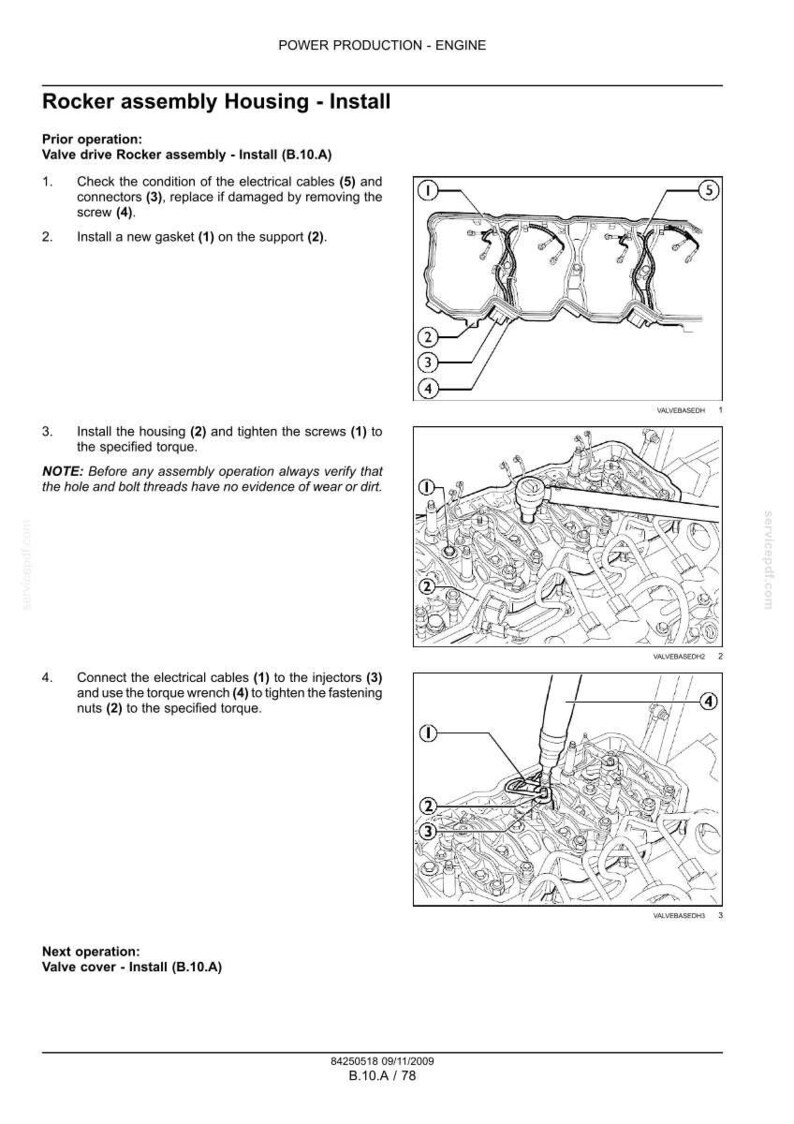 May include: Diagrams illustrating the rocker assembly housing installation process. The image shows steps for checking electrical cables, installing a gasket, tightening screws, and connecting cables to injectors. Text includes "POWER PRODUCTION - ENGINE" and "Rocker assembly Housing - Install".