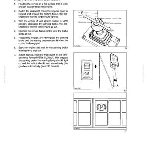 May include: Diagram from a manual showing how to check parking brake efficiency. The image includes illustrations of a gear shift, dashboard controls, and a parking brake symbol. Text explains the steps for the procedure.