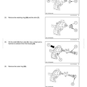May include: Diagram of mechanical components with labels and arrows, illustrating the disassembly process. Includes parts like oil seals, retaining rings, shims, shafts, and outer rings. Text indicates steps for removal and extraction.