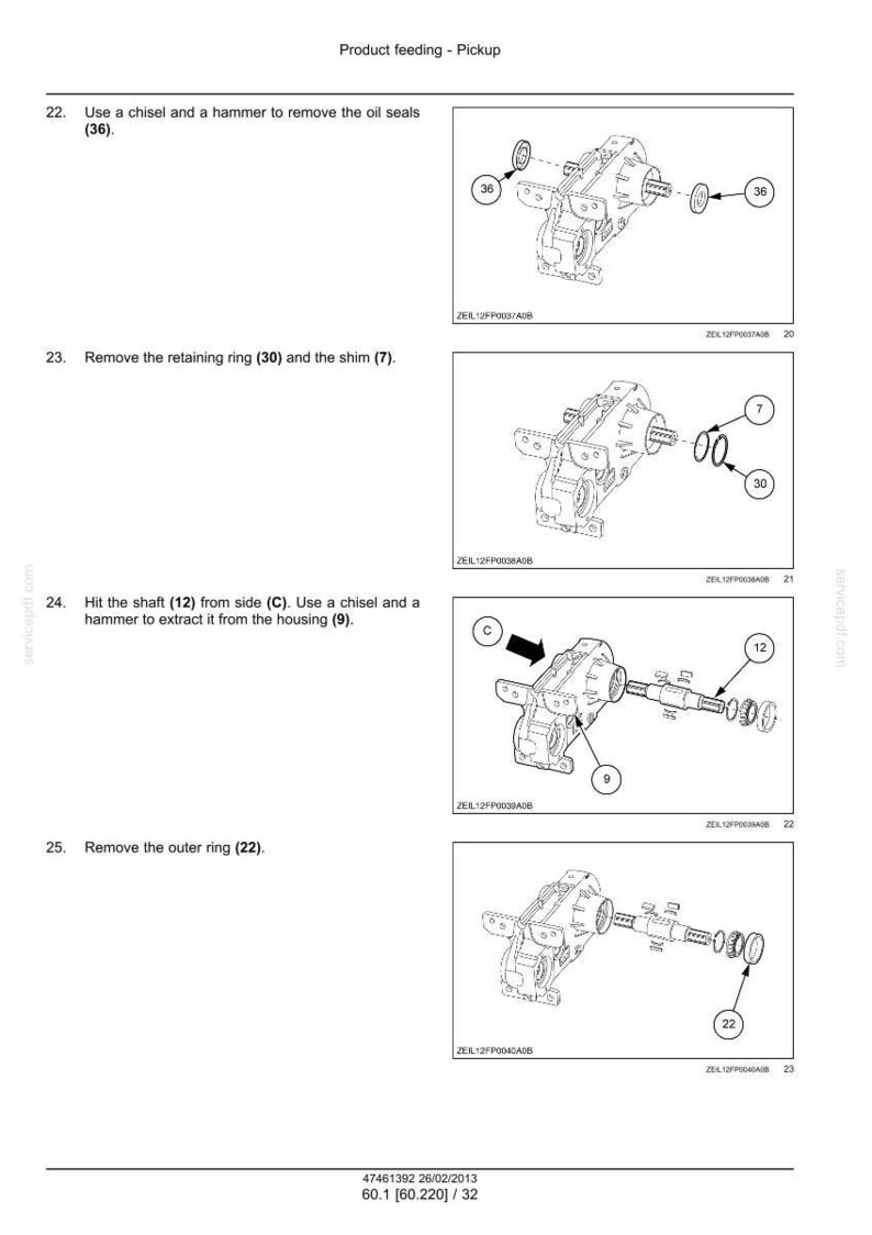 May include: Diagram of mechanical components with labels and arrows, illustrating the disassembly process. Includes parts like oil seals, retaining rings, shims, shafts, and outer rings. Text indicates steps for removal and extraction.