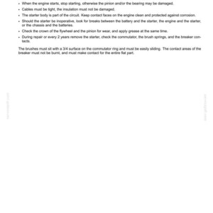 May include: A technical document titled "Engine starter - Static description" with bullet points detailing engine starter operation, maintenance, and troubleshooting. The document includes information on batteries, cables, and other components.